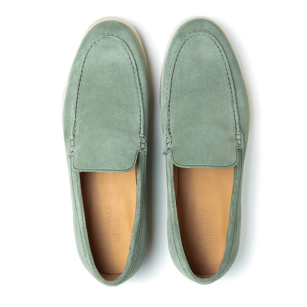 5 CM/1.95 Inches CMR CHAMARIPA Handcrafted Height Increasing Shoes For Men - Light Green Suede Apron Toe Loafers