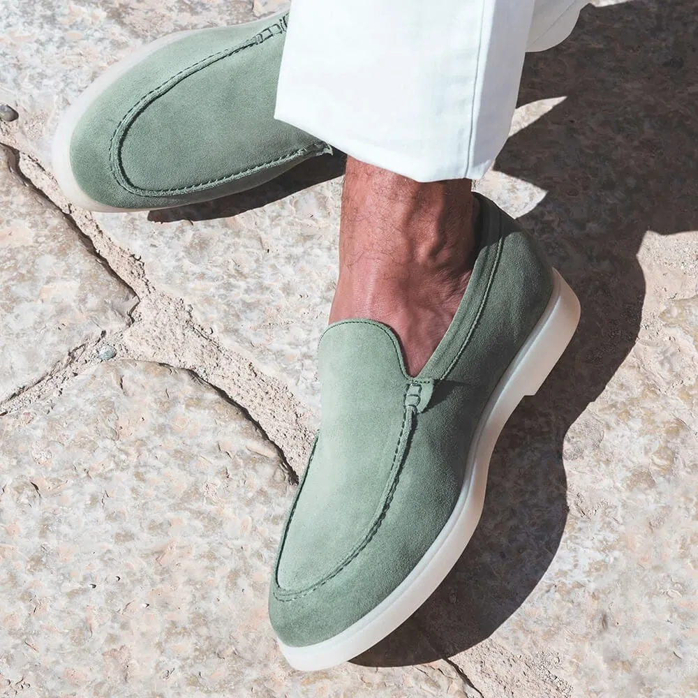 5 CM/1.95 Inches CMR CHAMARIPA Handcrafted Height Increasing Shoes For Men - Light Green Suede Apron Toe Loafers