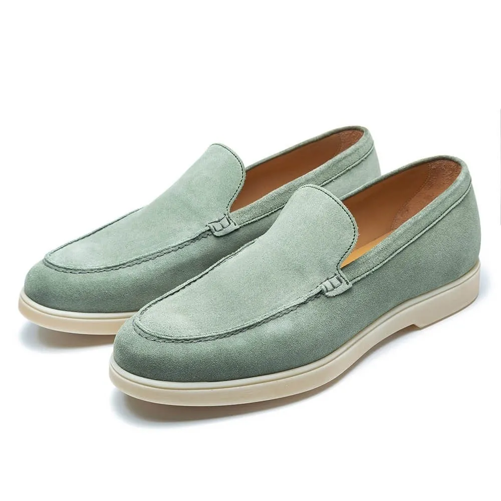 5 CM/1.95 Inches CMR CHAMARIPA Handcrafted Height Increasing Shoes For Men - Light Green Suede Apron Toe Loafers