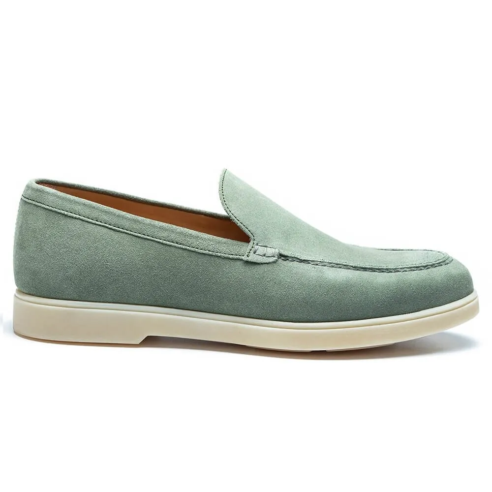 5 CM/1.95 Inches CMR CHAMARIPA Handcrafted Height Increasing Shoes For Men - Light Green Suede Apron Toe Loafers