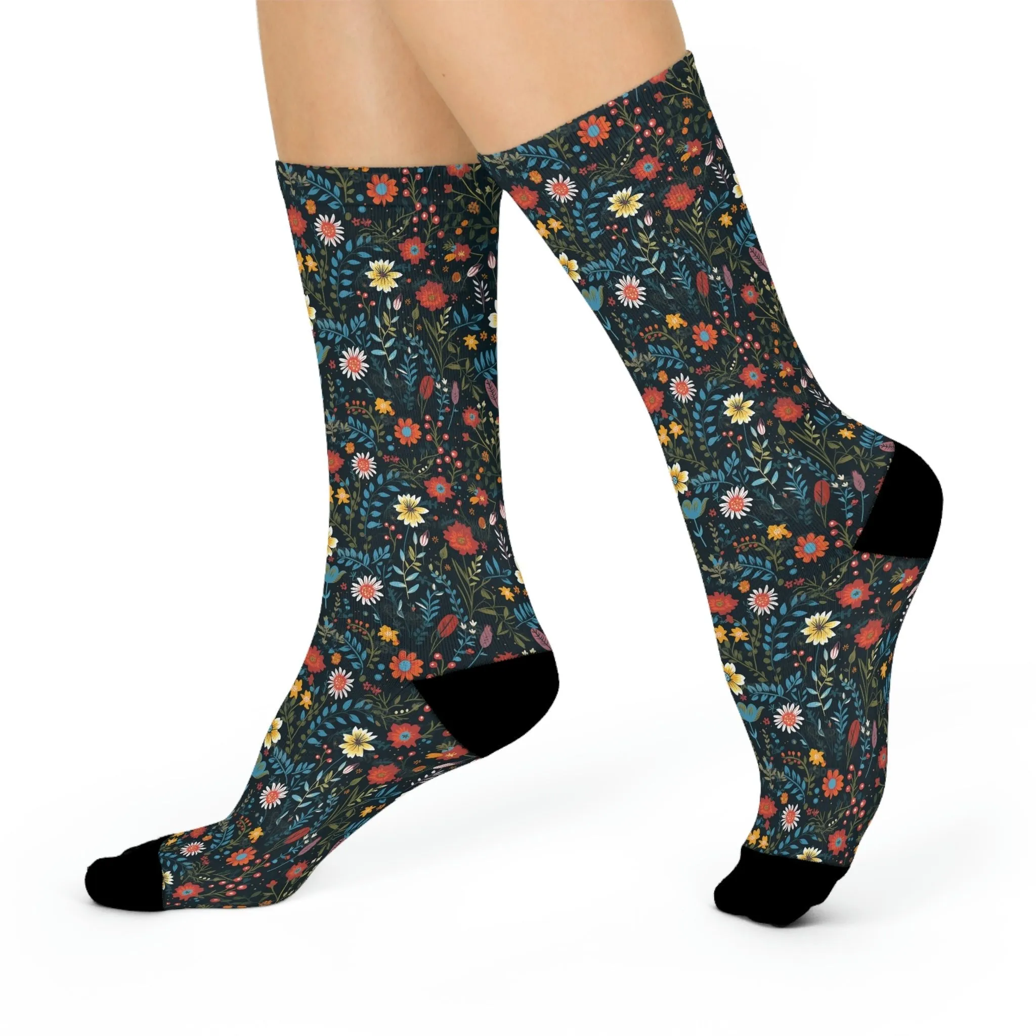 BOHO Pressed Wildflower Design Cushioned Crew Socks