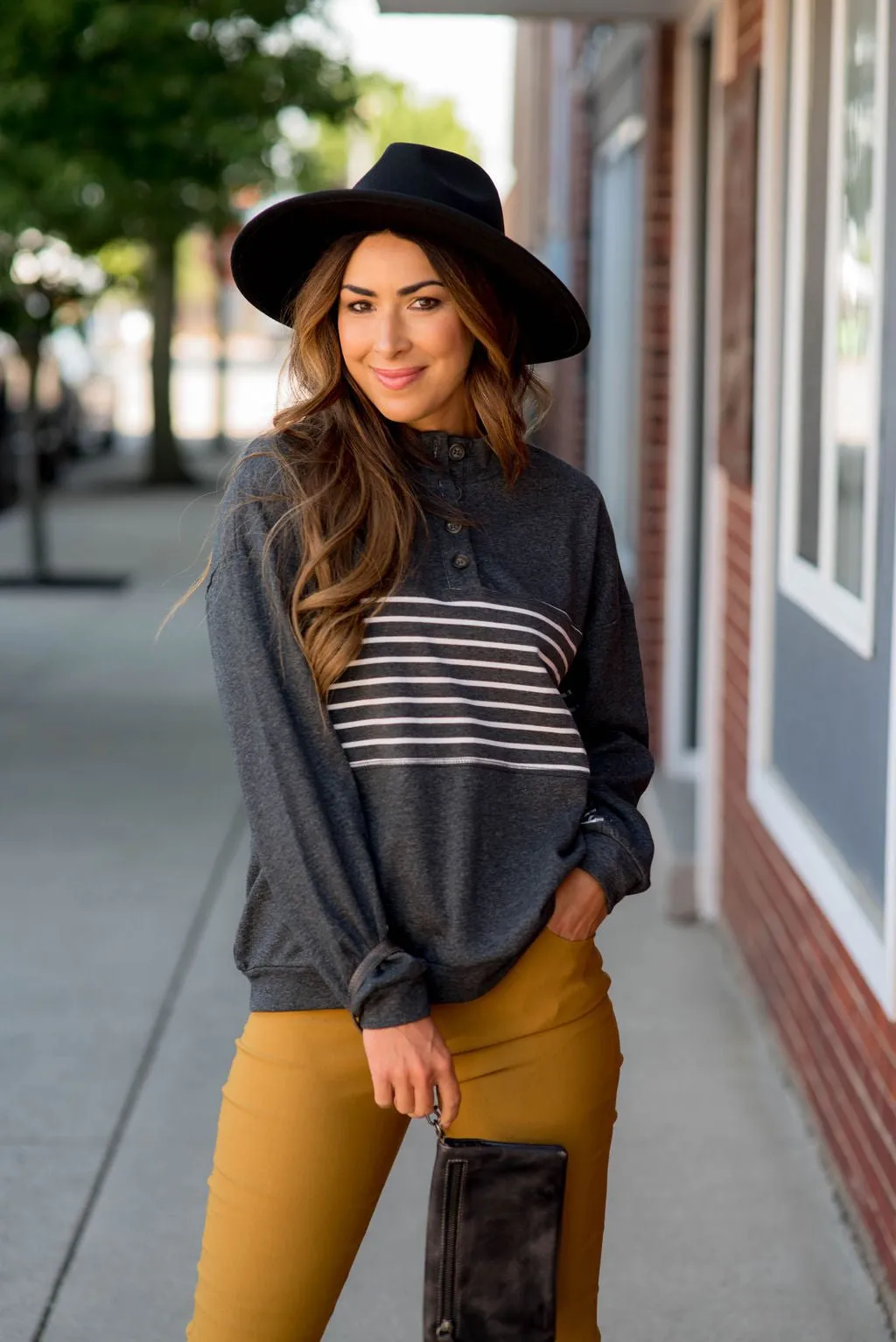 Button Stripe Sweatshirt