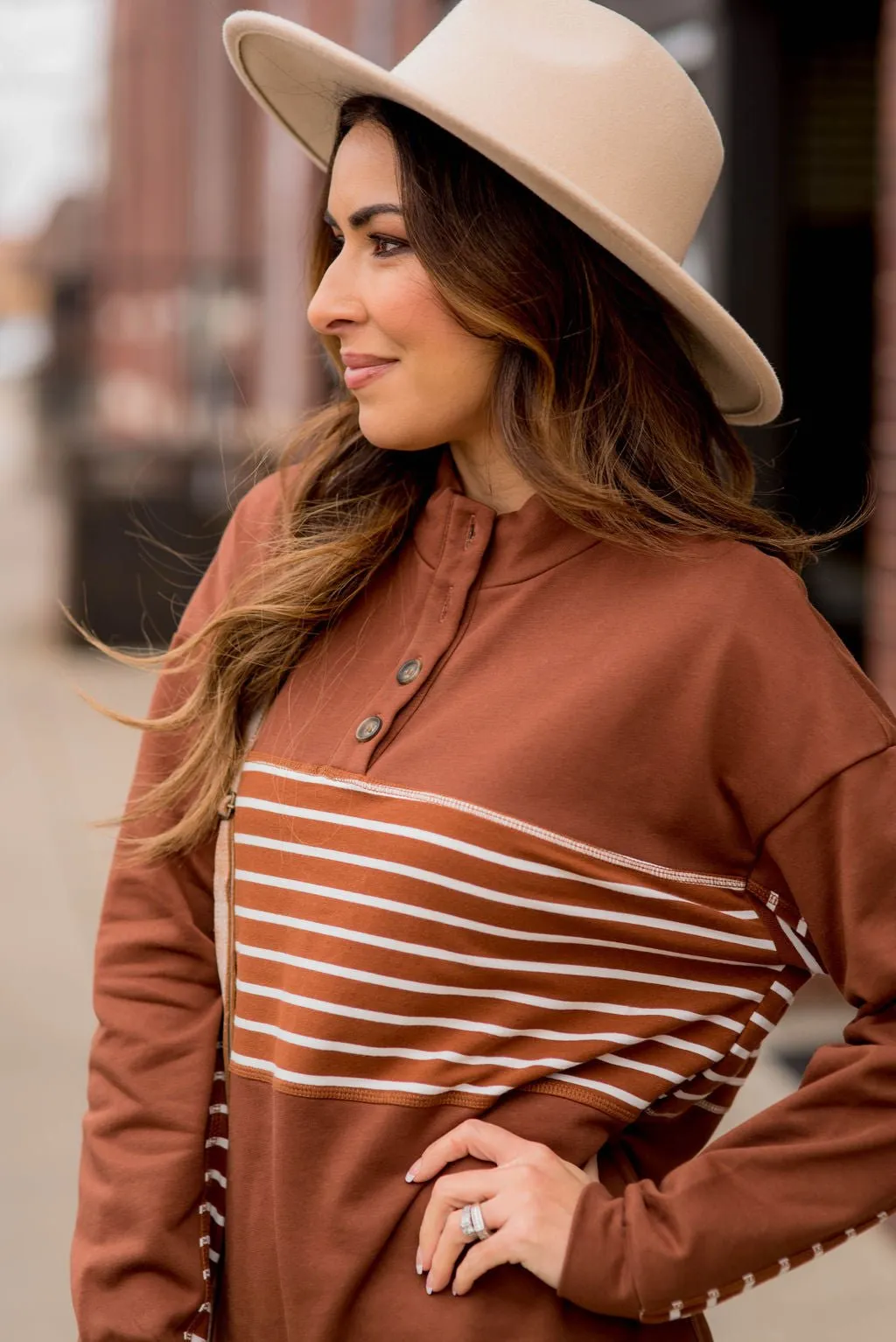 Button Stripe Sweatshirt