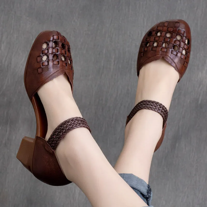 Ethnic style Retro Cowhide Braided Hollow Thick Heel Sandals