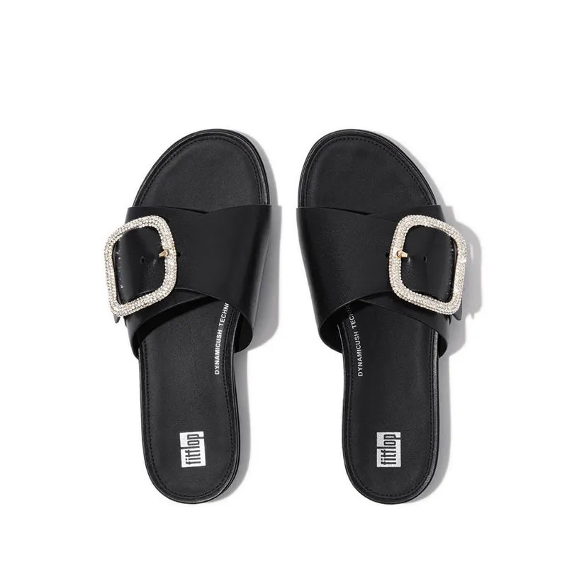 Gracie Crystal Maxi-Buckle Leather Slides - Black