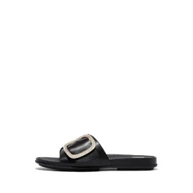 Gracie Crystal Maxi-Buckle Leather Slides - Black