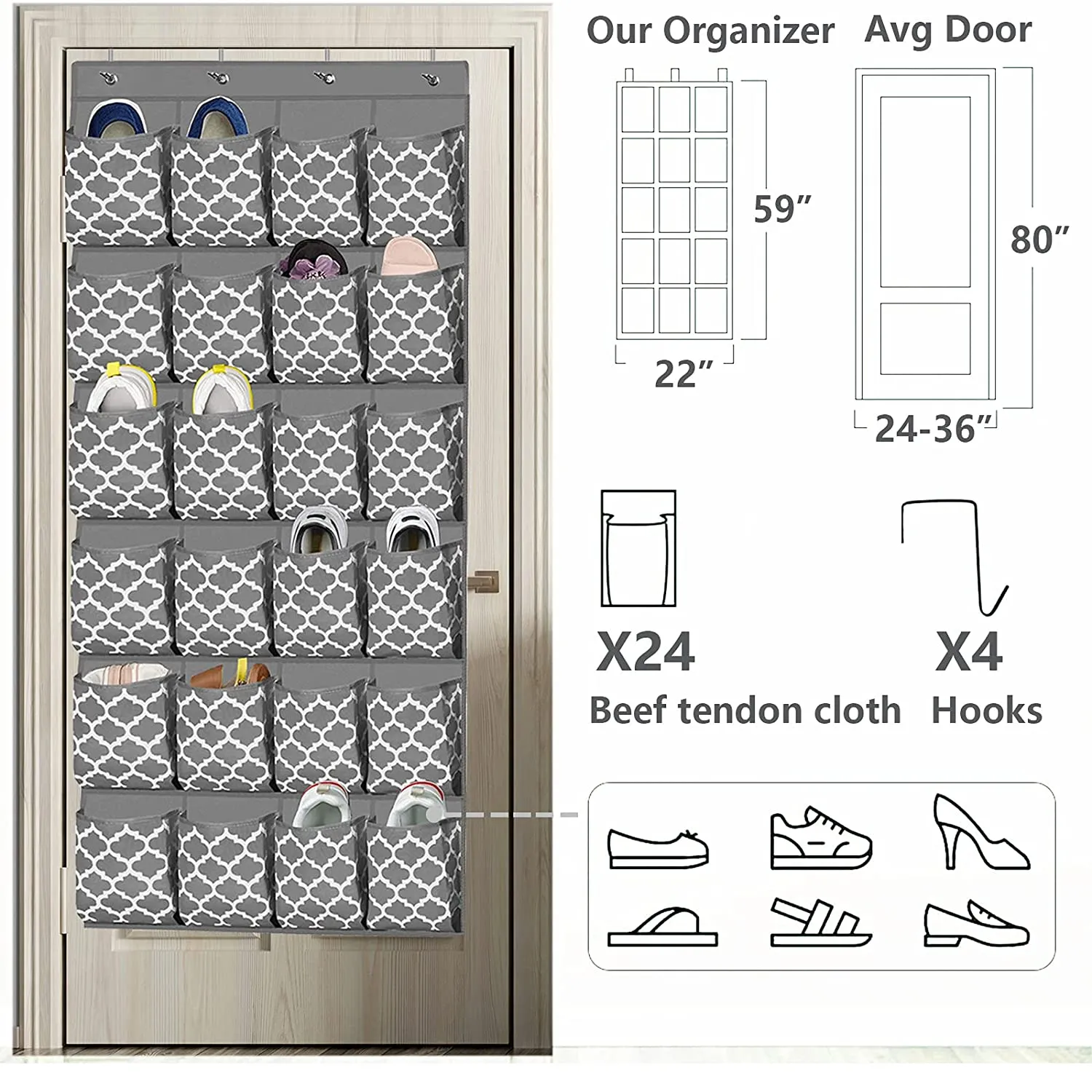 Homyfort Over The Door Shoe Rack Organizer 24 Pockets Shoe Hanger Holder