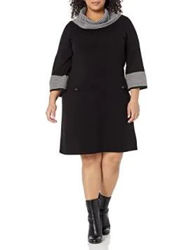 Jessica Howard Women's Plus Shift Soft ¾ Sleeve Short Dress, Black/Ivory, 1X