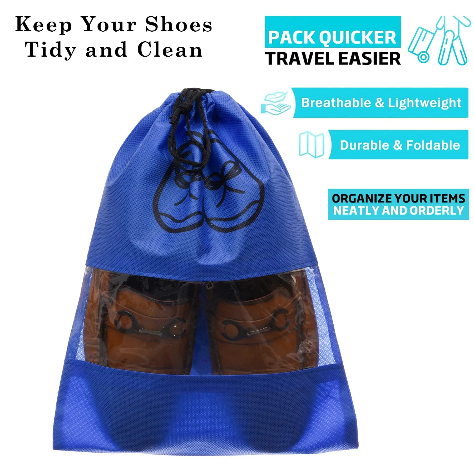 Kuber Industries Shoe Cover | Travel Shoe Storage Bags | Non-Woven Storage Bag | Shoe Cover with Drawstring | Shoe Organizer with Clear Window | Plain | Pack of 24 | Blue