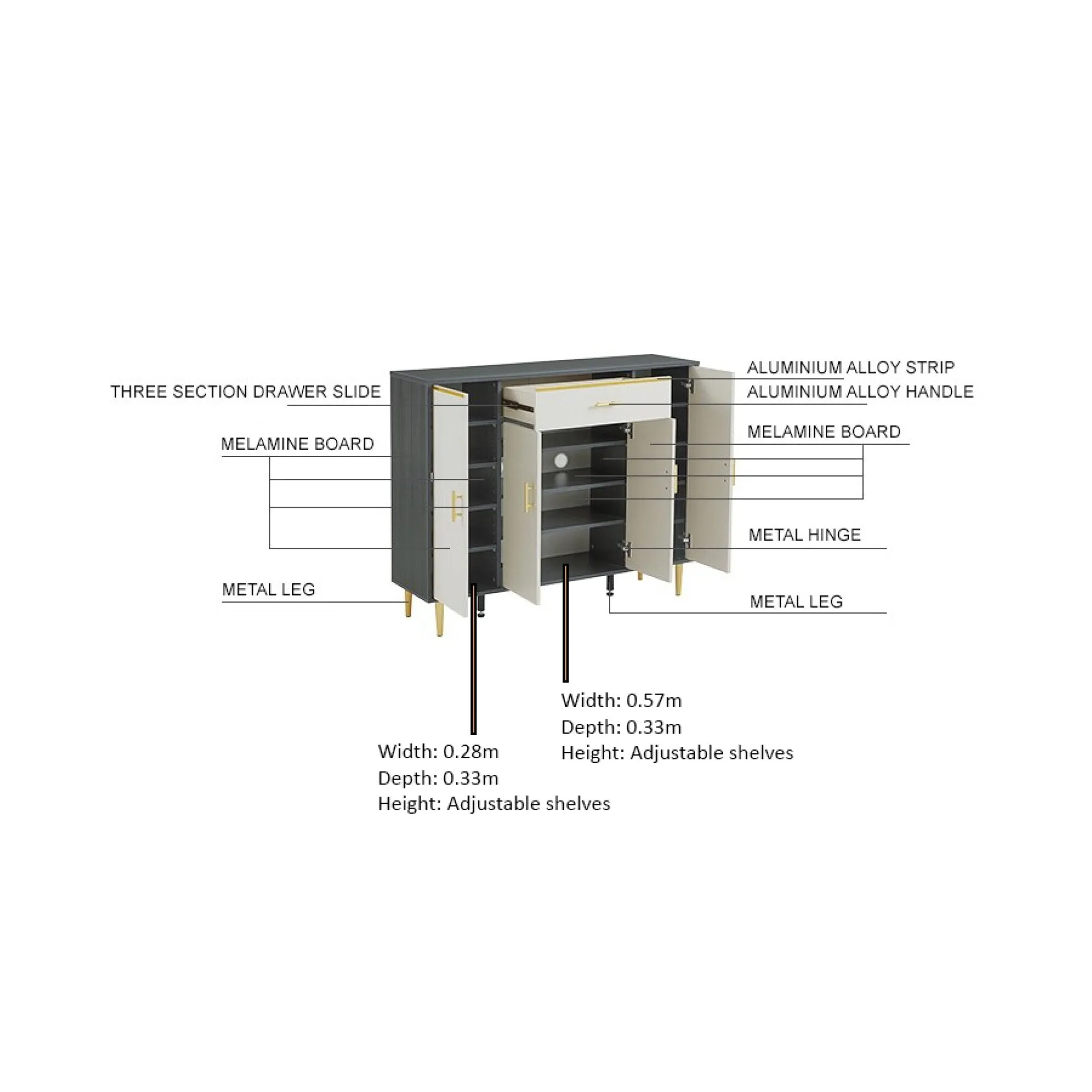 LIAM 120cm White & Grey Shoe Cabinet