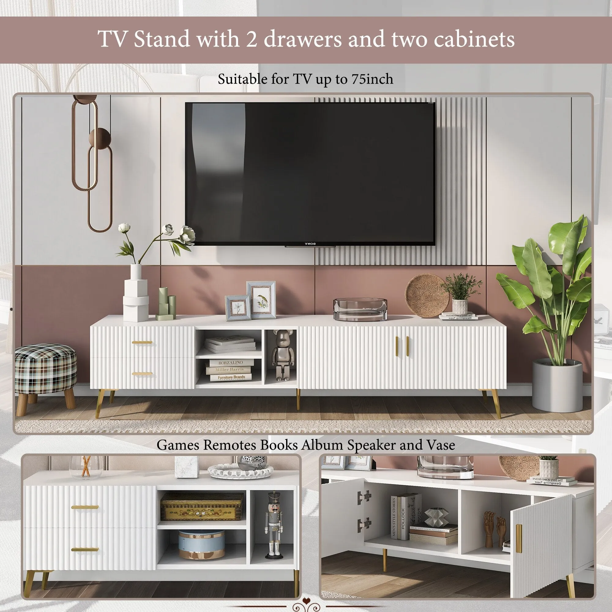 Modern TV Stand with Champagne Legs, Durable and Stylish