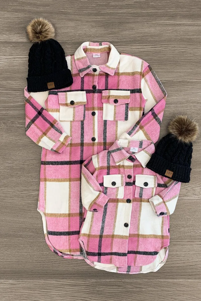 Mom & Me - Pink Plaid Long Flannel Shacket