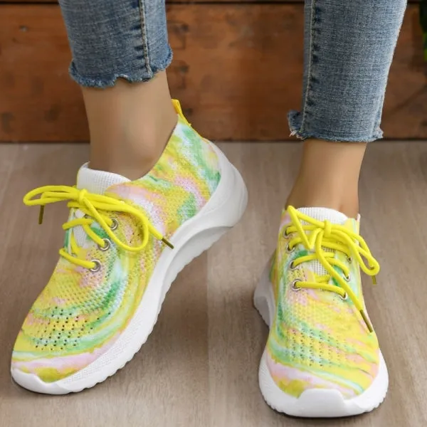 Purpdrank - Yellow Casual Sportswear Daily Patchwork Frenulum Tie-dye Round Mesh Breathable Comfortable Sport Shoes