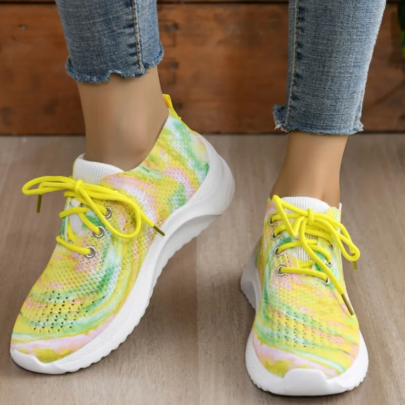 Purpdrank - Yellow Casual Sportswear Daily Patchwork Frenulum Tie-dye Round Mesh Breathable Comfortable Sport Shoes