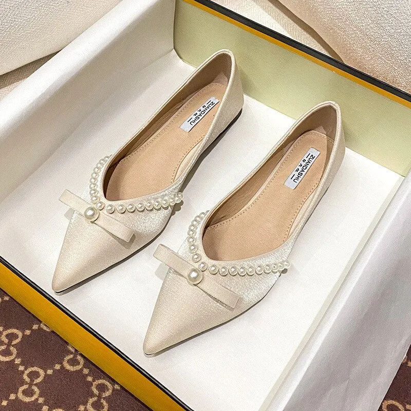 Summer New Temperament Pointed Toe Single Shoes Women's Pearl Bowknot Dress Shoes Casual Comfortable Breathable Flat Shoes