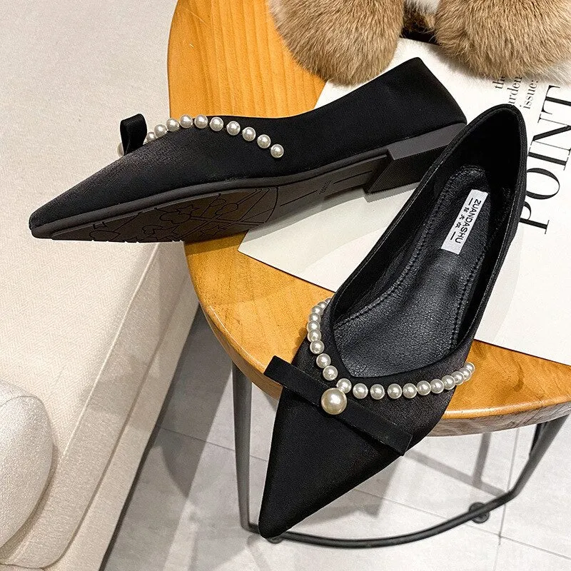 Summer New Temperament Pointed Toe Single Shoes Women's Pearl Bowknot Dress Shoes Casual Comfortable Breathable Flat Shoes