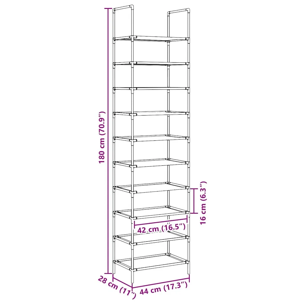 vidaXL Shoe Rack 10-Tier Black 44x28x180 cm Non-woven Fabric